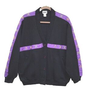 Vtg Cardigan XL 90's Black Bomber Warm Fleece Lined Pockets Southwest Trim